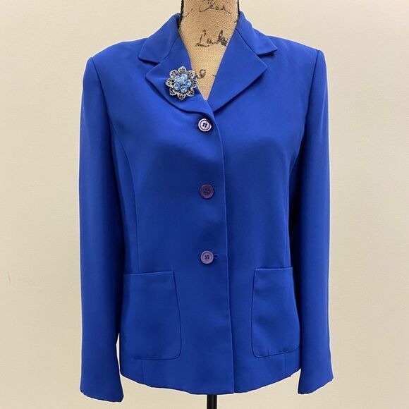 EMMA James by Liz Claiborne academia blue 3 button blazer with accent brooch - Picture 1 of 5